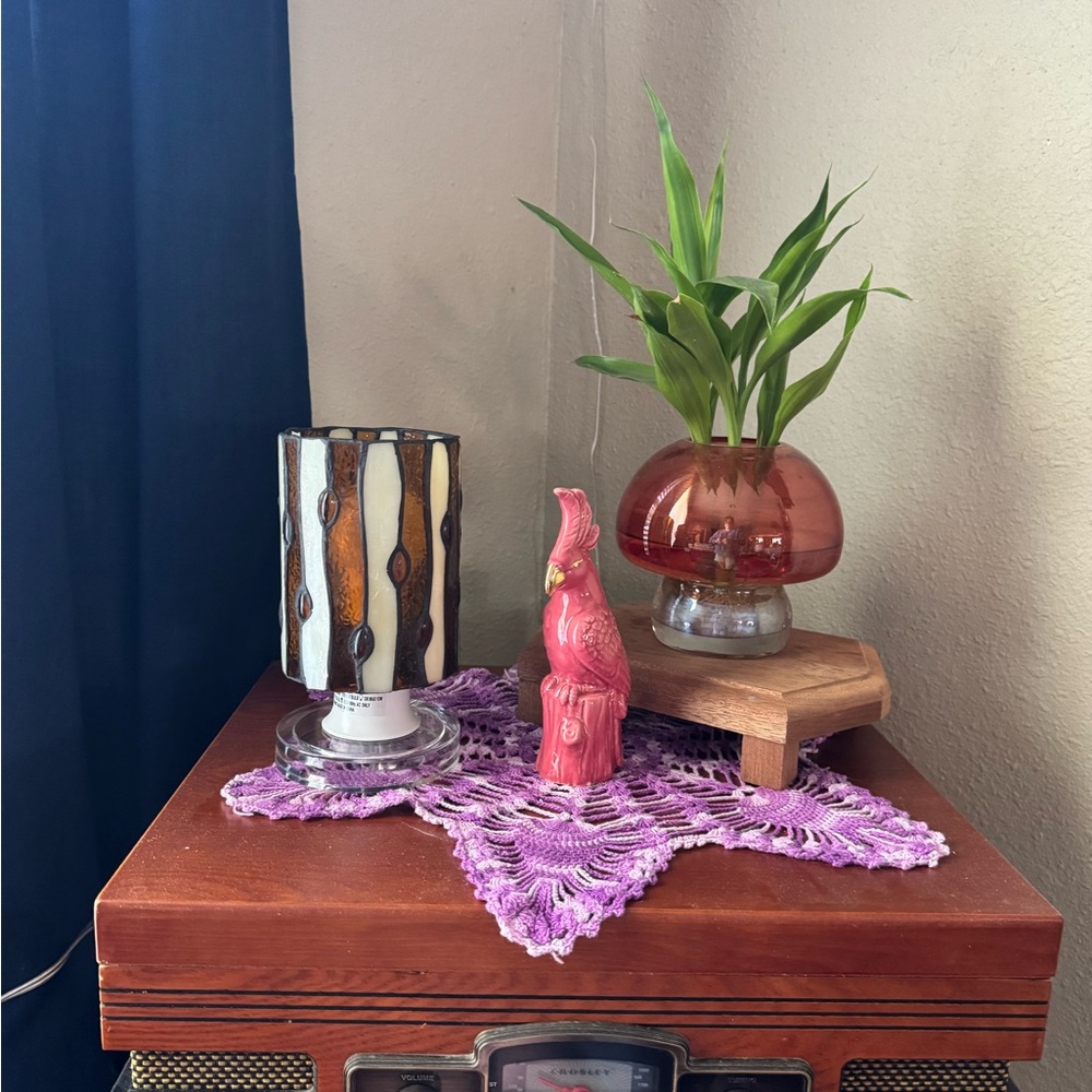 Tiffany Inspired Stained Glass Table Lamp with Orange and Black Accents - Picture 5 of 10